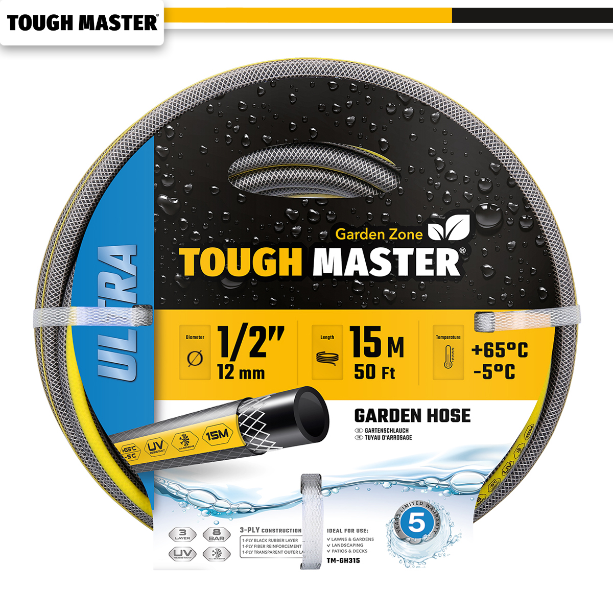 The Tough Master® TM-GH315 Garden Hose has sturdy 3-layer construction