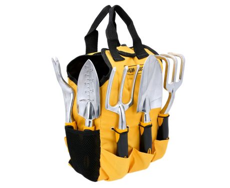 TOUGH MASTER® Garden Tool Set Aluminium with Narrow Shovel, Trident, Three-Tooth Rake, Seedling Opener & Storage Bag - 5 Pieces (TM-GTA5B)