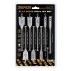 1 x Flat wood drill bit: 10mm
1 x Flat wood drill bit: 12mm
1 x Flat wood drill bit: 16mm
1 x Flat wood drill bit: 18mm
1 x Flat wood drill bit: 20mm
1 x Flat wood drill bit: 22mm
1 x Flat wood drill bit: 25mm
1 x Extension: 150mm
1 x Hex Key Comes with